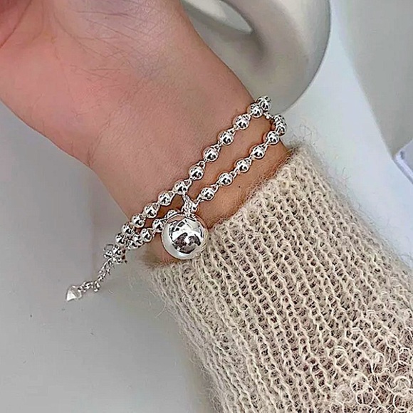 Sterling Silver Beaded Bangle Ball Drop Bracelet - Picture 6 of 7